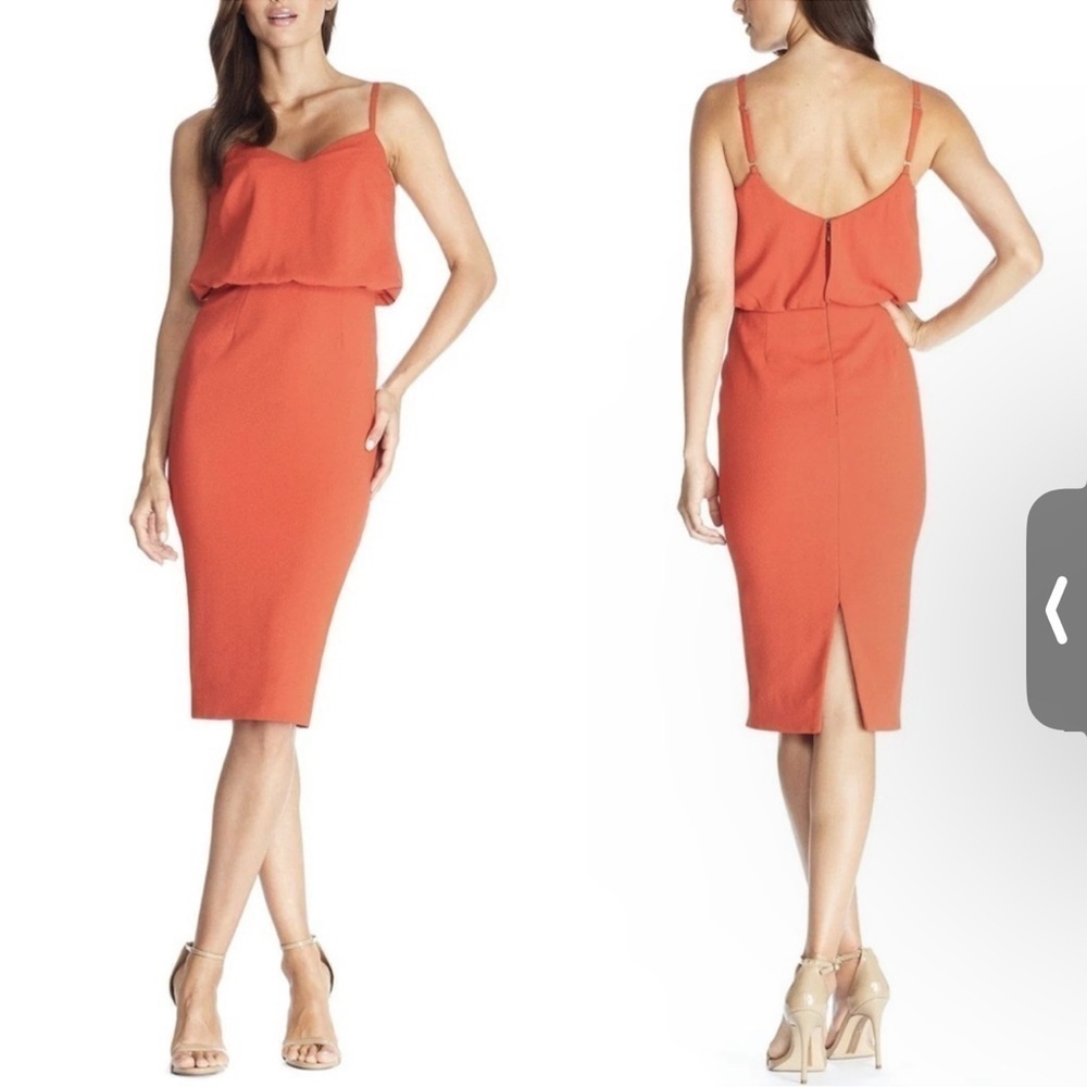 NWOT Dress The Population Alondra V-Neck Blouson Pencil Midi Dress in Poppy Sz S